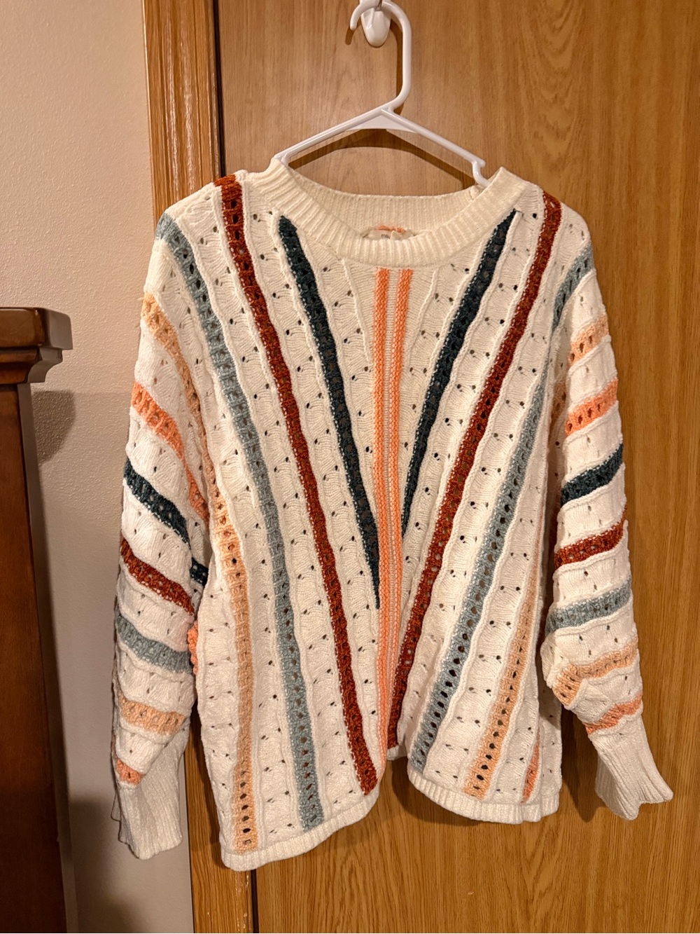 Maurices Ivory Crewneck Sweater with Rust, Teal, Peach, and Gray Stripes
